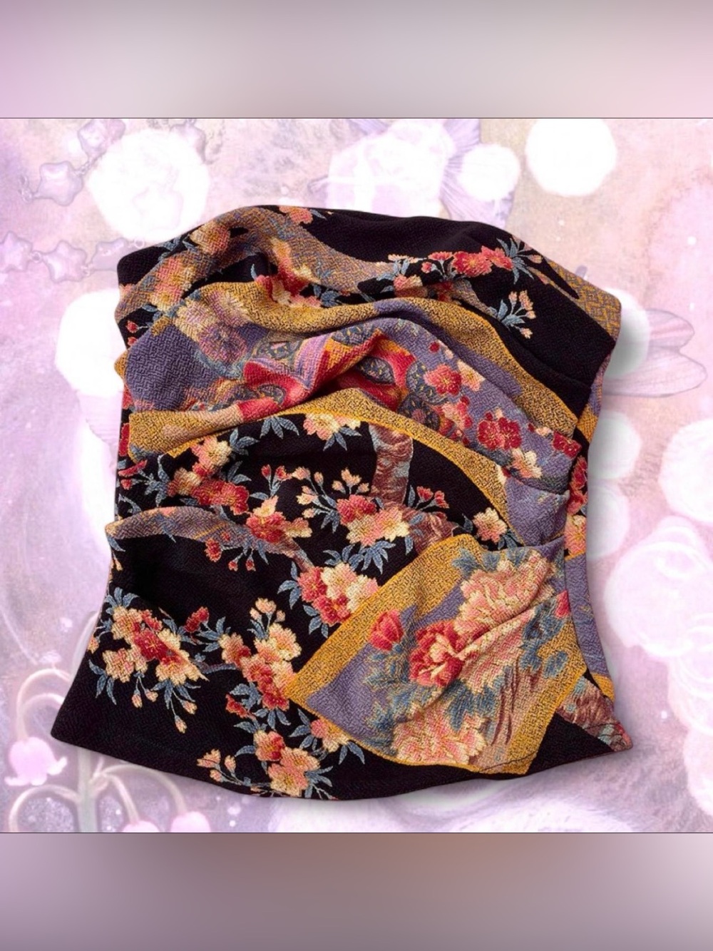 Floral Embroidered Black Tube Top with Gold & Lavender Accents